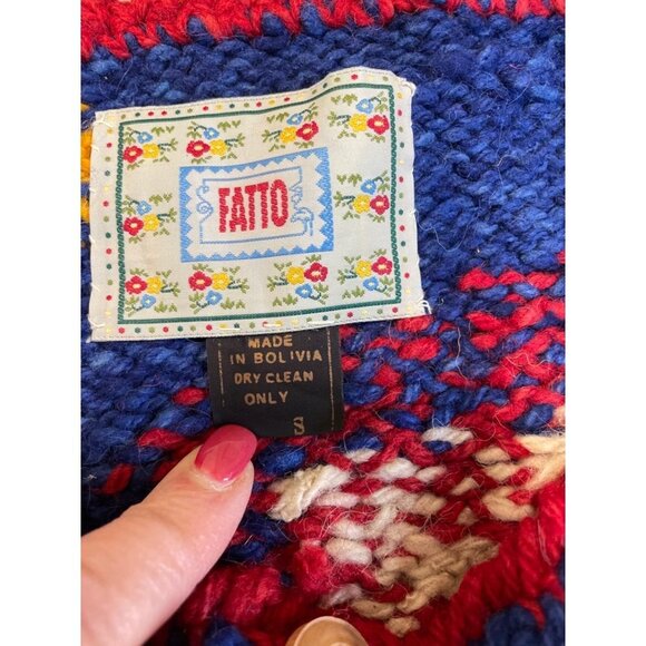 Fatto Bolivian Alpaca Wool Colorful Tribal Designed Cardigan Sweater Sz S - Picture 4 of 9